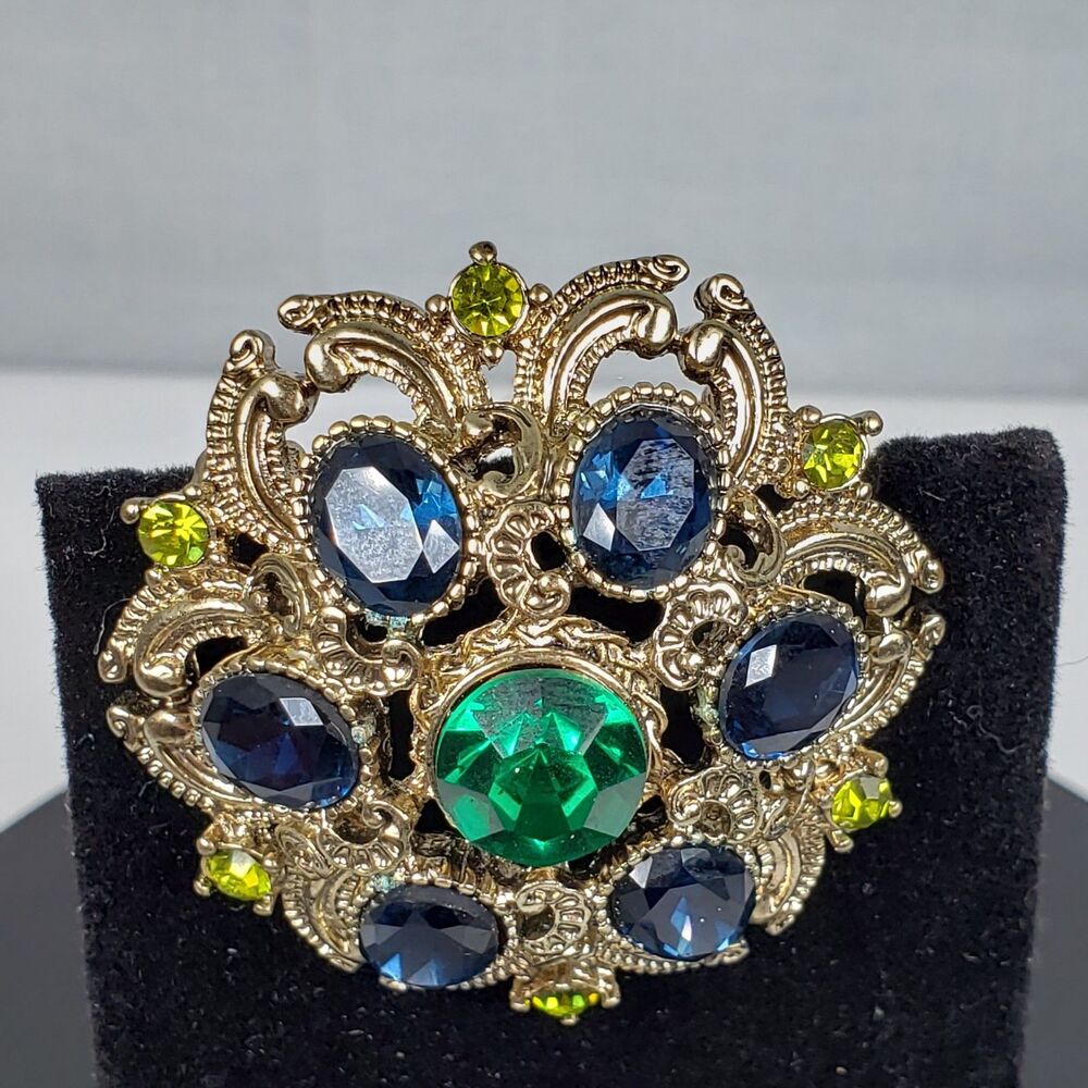 VTG Seqin Brand Dome Brooch Faceted Rhinestones Green Blue Gold Tone Open Work - Picture 10 of 16